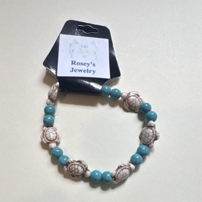 Rosey's Jewelry Stretch Beaded Turtle Bracelet Blue White Brown Stone Ceramic
