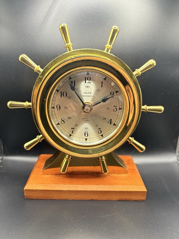 Heavy Brass Ship Clock Quartz Chronometer Microtron Maritime Wood Base -Salem