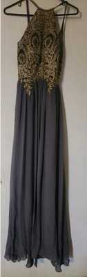 women's long dress, wedding, prom, homecoming, size 4 gray and gold, formal