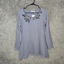 LOGO Lori Goldstein Top Womens XS Gray Scoop Neck Tunic Sequined Casual Ladies