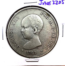 1891 Spain 5 Pesetas VeryFine Rey Baby Alfonso XII Large Silver Coin