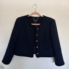 J.Crew Louisa Lady Jacket Size 8 Navy Blue Wool Blend Cropped Tweed Gold Crest