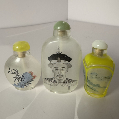 Lot of 3 Vintage Chinese Painted Glass Snuff Bottles w/ Stoppers