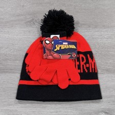 Marvel Spiderman Pom Beanie Hat  Glove Set Youth One Size Red Black