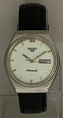 Vintage Classic Seiko5 White Dial Automatic Watch 6309 with D/D Leather Strap