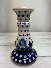Boleslawiec Hand Painted Candle Stick Holder 6.75" Tall w/Blue Stars & Pines NEW