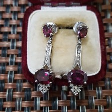 925 Sterling Silver Earrings, Natural Pink Garnet And Diamonds Dangle, Rhodolite