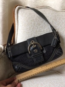 Coach-Soho-Black-Leather-amp-Canvas-Signature-Hobo-Shoulder-Buckle-Flap-Purse-Bag