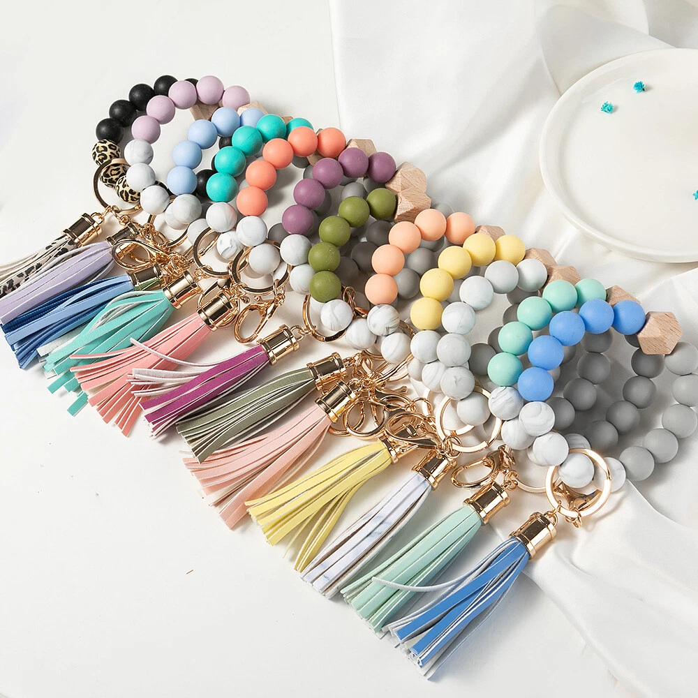 Silicone Beads Wristlet Key Rings Bracelet Keychain Tassels