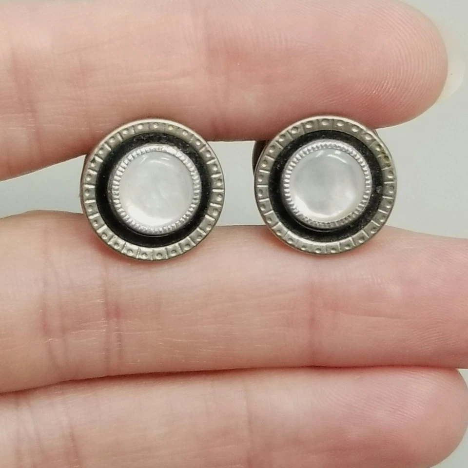 Vintage Black Enamel Snap Link Cufflinks Mother of Pearl Silver Tone Art Deco - Image 4 of 4