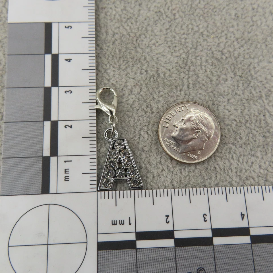 RHINESTONE Initial LETTER A Charm Zipper Pull Keychain Add On Clip Silver Tone - Image 4 of 4