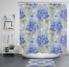 Green Leaf Blue Hydrangea Floral on Grey Shower Curtain Bathroom Accessories Set