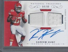 KAREEM HUNT 2017 NATIONAL TREASURES DUAL JERSEY ON CARD AUTO RC #D 64/99