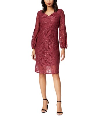 red sheath dress petite NY Collection Petite Womens Red Laced Long Sleeve V-Neck Sheath Dress Small