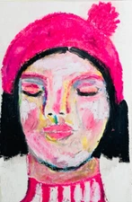 Portrait Painting Woman Pink Pom Hat 4x6 Naive Outsider Winter Art Miz Katie