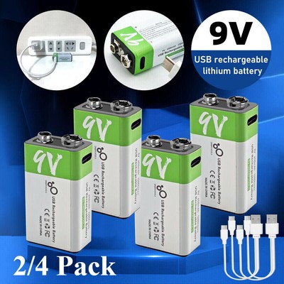 9V Volt Rechargeable Li-ion Lithium Battery 1200mAh 6F22 Fast Charge USB C Cable