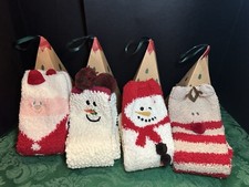 4 Cozy Fuzzy Holiday Snowman, Reindeer, Santa Socks - 4 Pair Ornament Gift Box