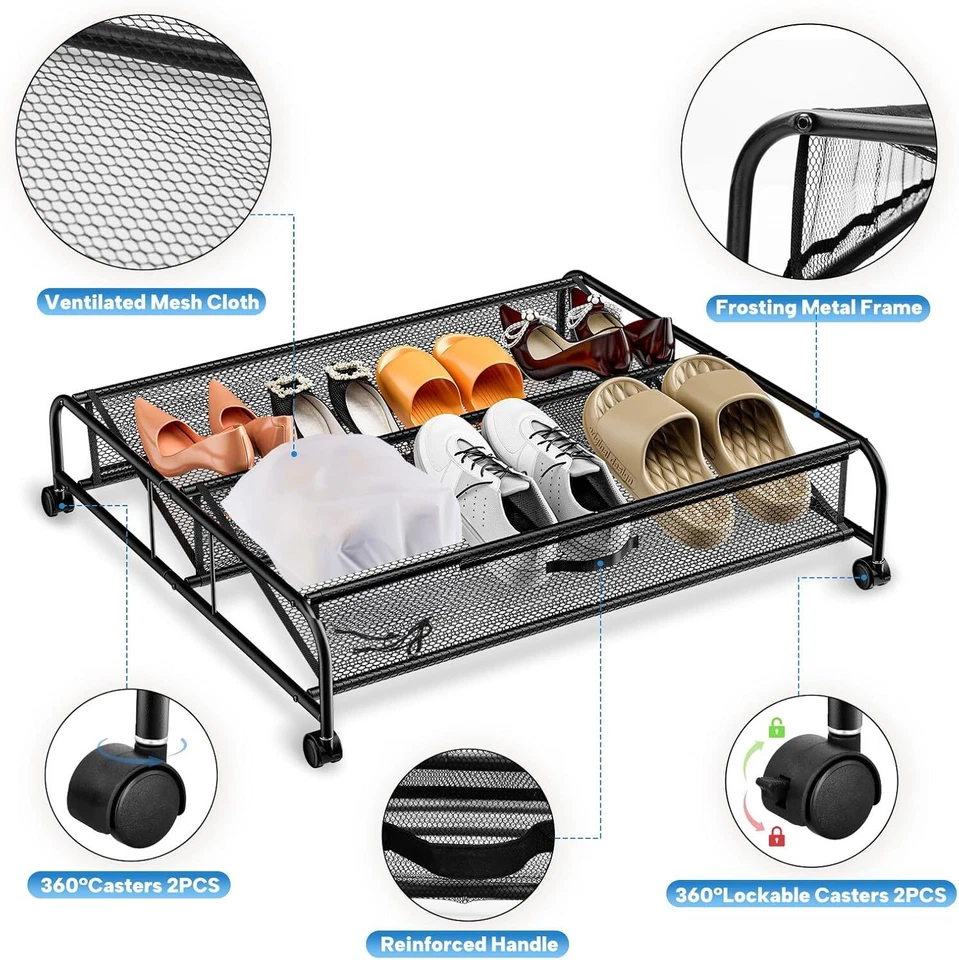 Almacenamiento de zapatos debajo de la cama con ruedas organizador de zapatero de metal que ahorra espacio Foto 3 de 4