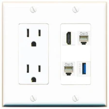 HD 2 PHONE USB-3 Port Wall Plate w/Power Outlet White