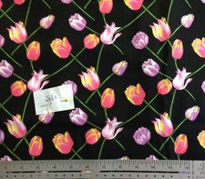 Pink Lavender Tulips on Black Cotton Fabric 2 Yards