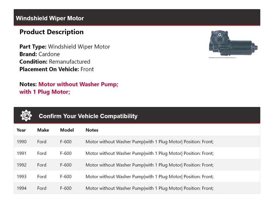 Para Ford F-600 1990-1994 Limpiaparabrisas Motor Delantero Cardone 1991 1992 1993 Foto 2 de 4