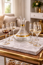 7pc Glass Wine Set Gold Trim Decanter & 6 Goblets Elegant Barware Wedding Gift S