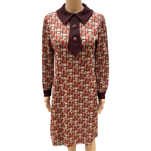Vintage Mod GoGo Sheath Dress 60s Polyester Brown A-Line Dress - Size S/M