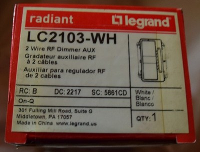 Legrand On-Q Radiant LC2103-WH - 2 Wire RF Dimmer AUX Remote for LC2101