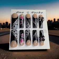 Acrylic Nail - French Tip Press-on Nails Long Floral Animal Print Gems Black