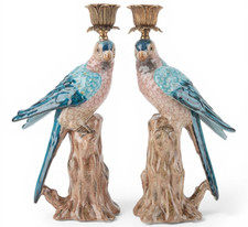 Antique Style Parrot Blue Porcelain Candlesticks-Candle Holders Pair-10''H
