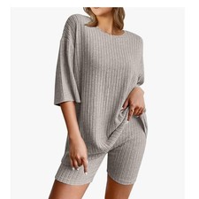 Size Small 2pc Pajamas Lounge Set Ribbed Knit heather gray