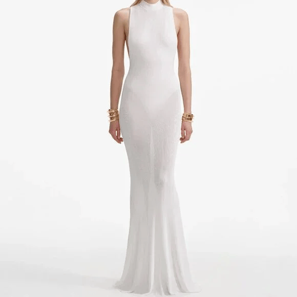Self Portrait, White Racer Back Viscose Knit Maxi Dress (US0)