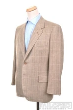 OXXFORD CLOTHES Beige Plaid Check Linen Blend Mens Blazer Sport Coat Jacket - 42