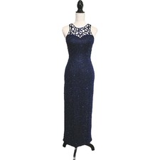 Vintage Scala Silk Beaded Navy Formal Maxi Dress Size S Old Hollywood Homecoming