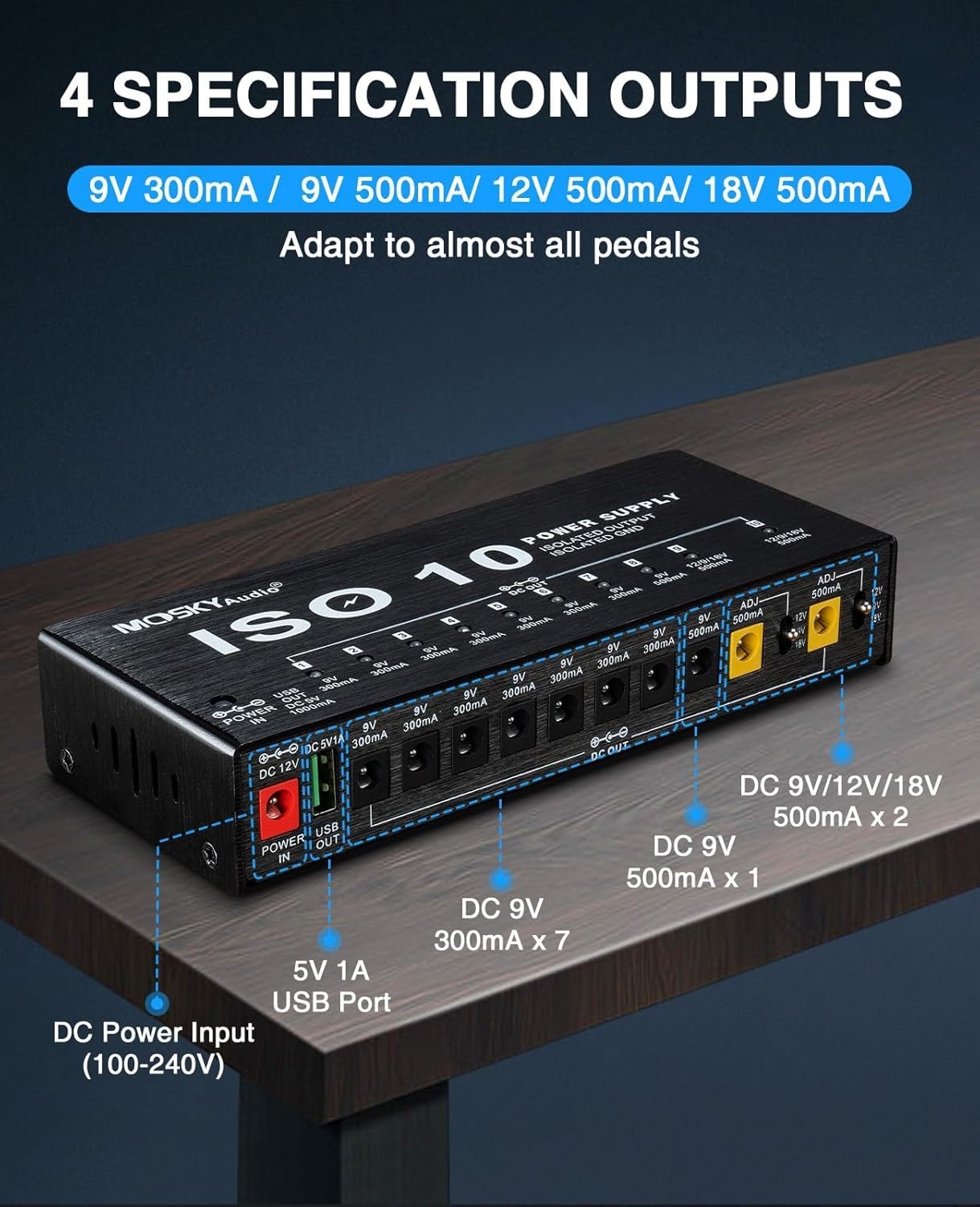 Mosky Guitar Pedal Power Supply 10 Isolated DC Output, 9V 12V 18V 300Ma 500Ma Ef
