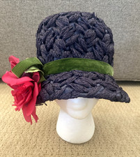 Vtg 1960's MR. JOHN Sophisticate MOD Chic Navy Straw CLOCHE Hat