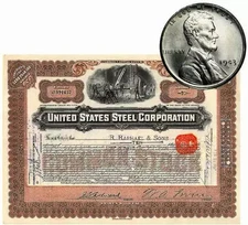 1943 Steel Lincoln Cent + US Steel Corporation Stock Certificate CHEAP + COOL