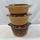 SET OF 3 VINTAGE PYREX OLD ORCHARD BROWN CASSEROLE BOWLS WITH LIDS 471, 472, 473
