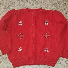 Girls Red Knitted Embroidered Puffed Sleeve Button Up Cardigan Size Large