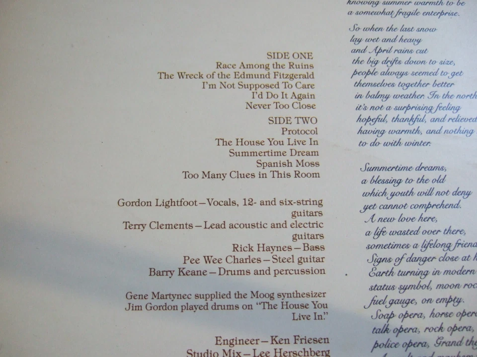 GORDON LIGHTFOOT - SUMMERTIME DREAM - UK LP REPRISE  K 54067 + LYRIC INNER  EX+ - Image 3 of 4