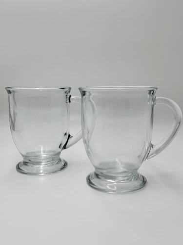 2 Vintage Anchor Hocking Pedestal Footed Clear Glass Coffee Cafe Mugs/Cups MCM