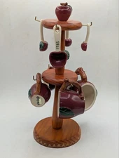 Apple Theme Measuring Cup & Spoon Set w/ Wooden Stand Country Kitchen EB11