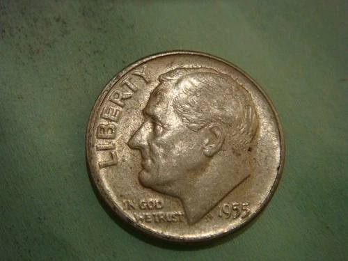 1955 P Silver Roosevelt Dime - album filler, AU decent hair and torch lines