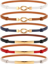 6 Packs Women Skinny Leather Belt Slim Adjustable Waistband Thin with Metal B...