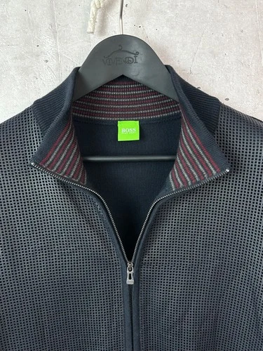 Hugo Boss 100% Virgin Wool Perforated Leather Full Zip Sweater Jacket Men XL image 3