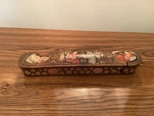 Antique Persian Hand Painted Lacquer Boxes “Qalamdan” Paper Mache Lacquered Pen