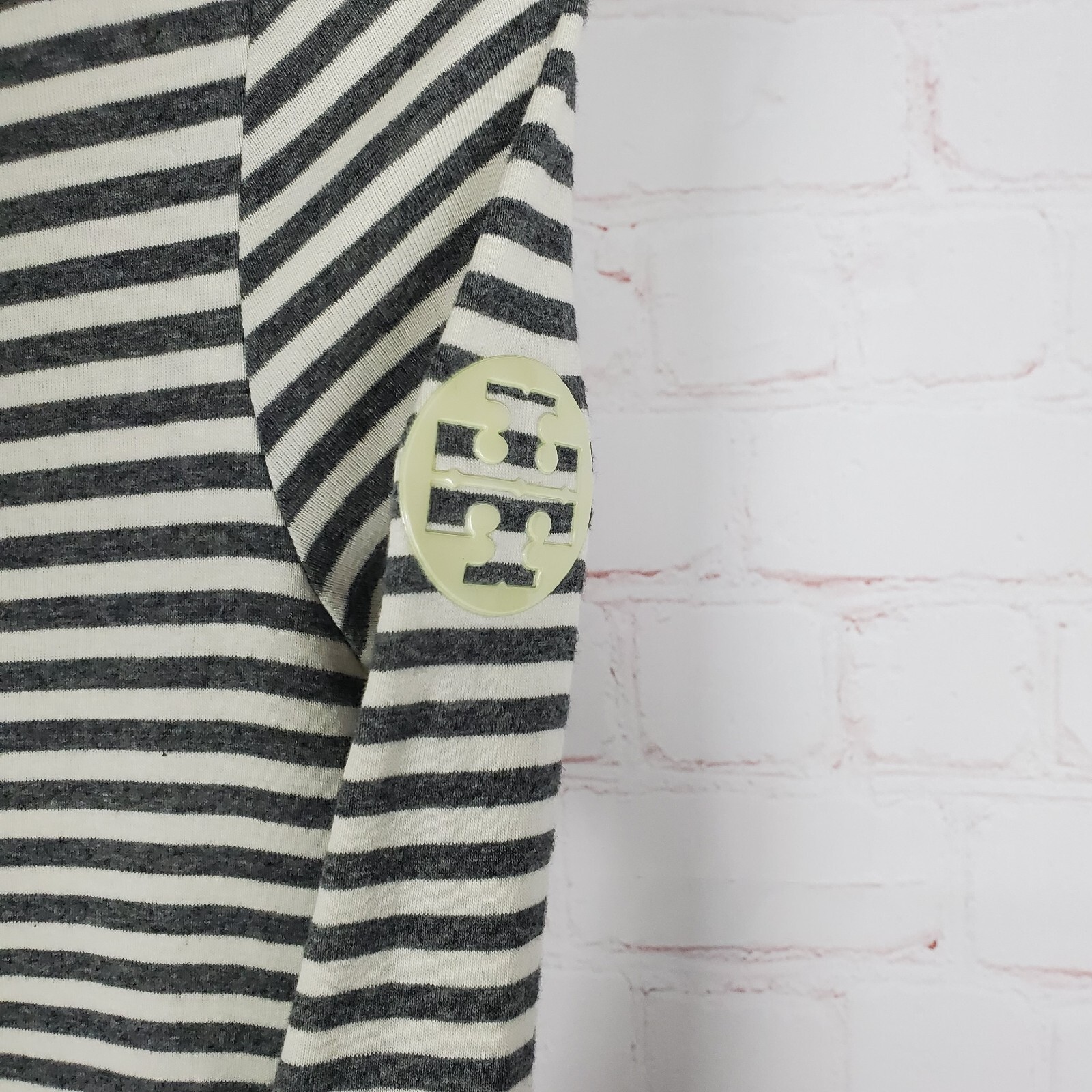 Tory Burch Pima Cotton 3/4 Sleeve Tee Shirt Dress XS Boat Neck Striped Logo Gray thumbnail 5