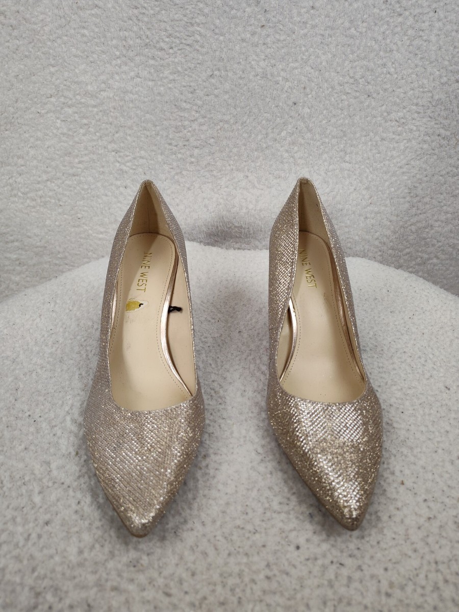 Nine West Women Heels 8M Gold Sparkle Fabric Slip On Pointed Toe Pump Shoes