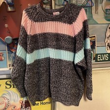 VTG One Step Up Acrylic Sweater Sweatshirt Grey Pink Blue Stripe Geometric L