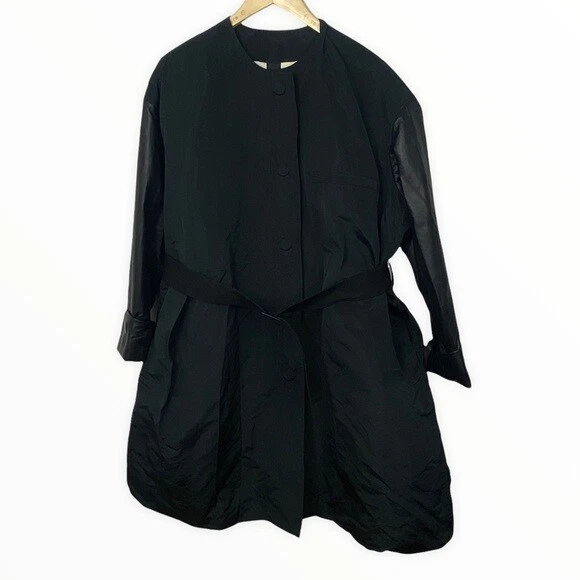 Vera Wang Collection Trench Coat Black Belted Womens Size 0 Midi Nylon Jacket - Image 3 of 4